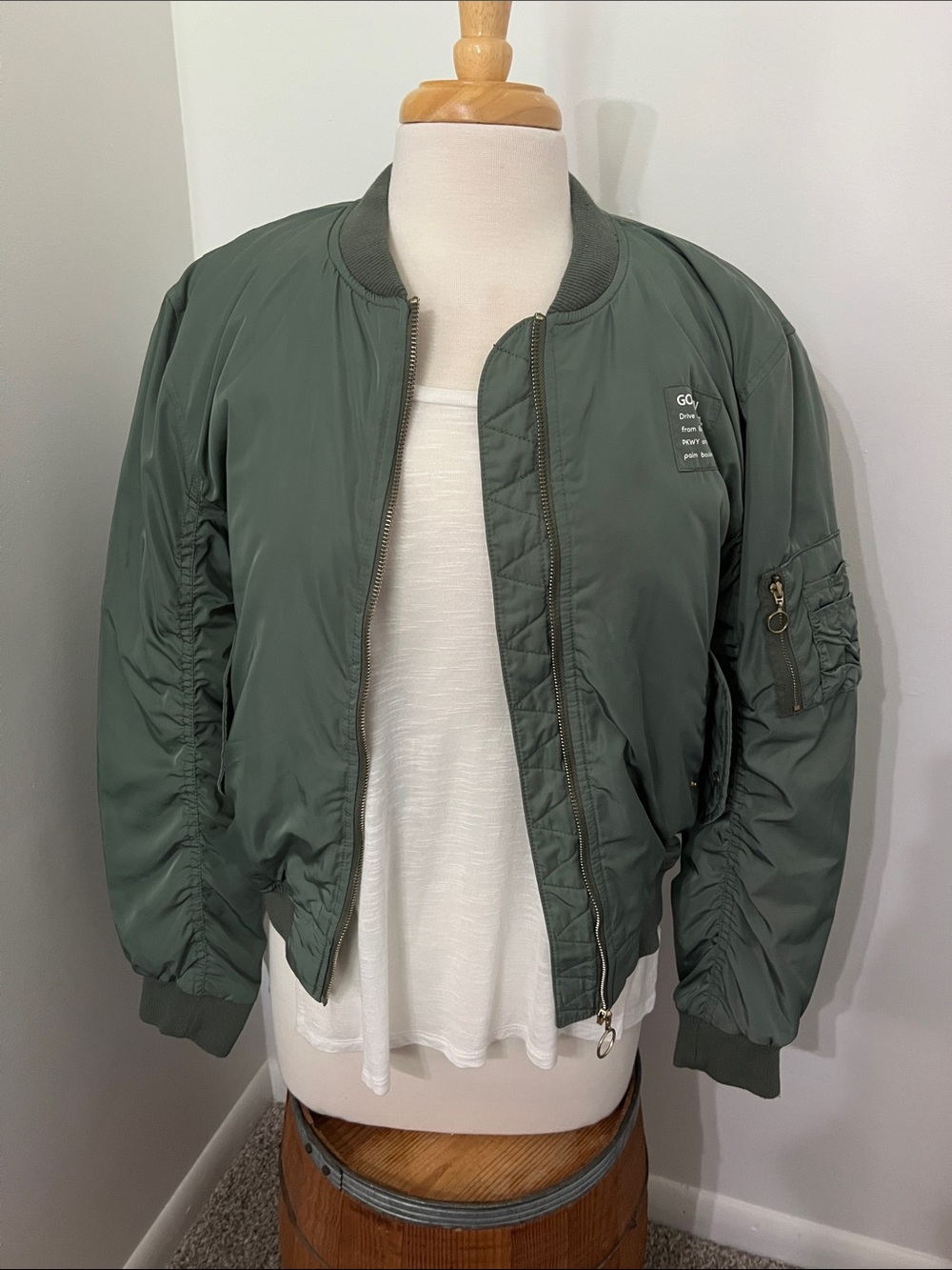 H&M Olive Green Bomber Jacket with Zip and Sleeve Pocket